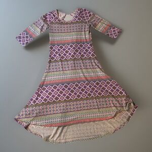 FabKids Girls Size 8 Hi Low Boho Dress Multicolor Aztec Print 3/4 Sleeve